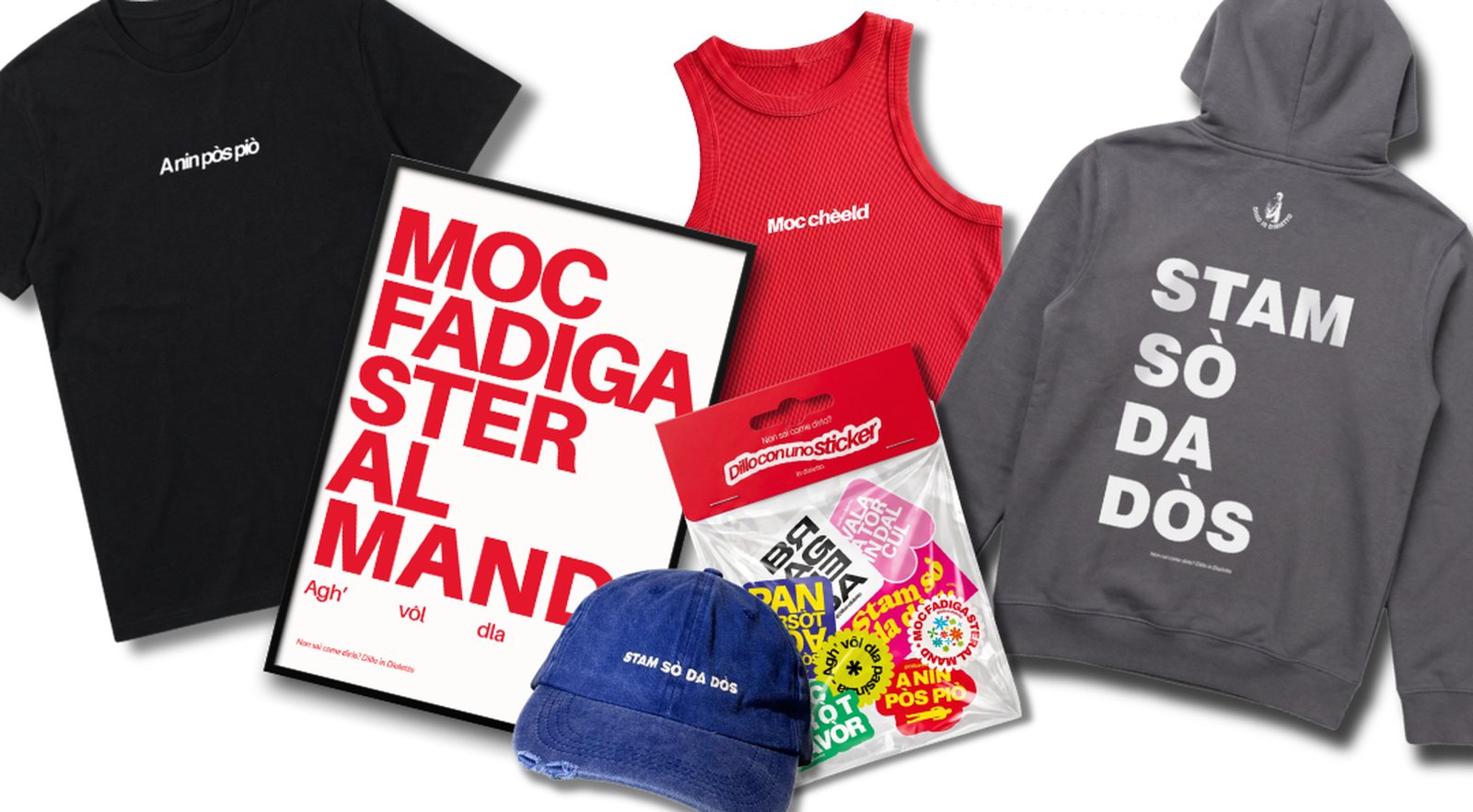 T-shirt, canotta, felpa, poster, cappellino e adesivi in dialetto modenese